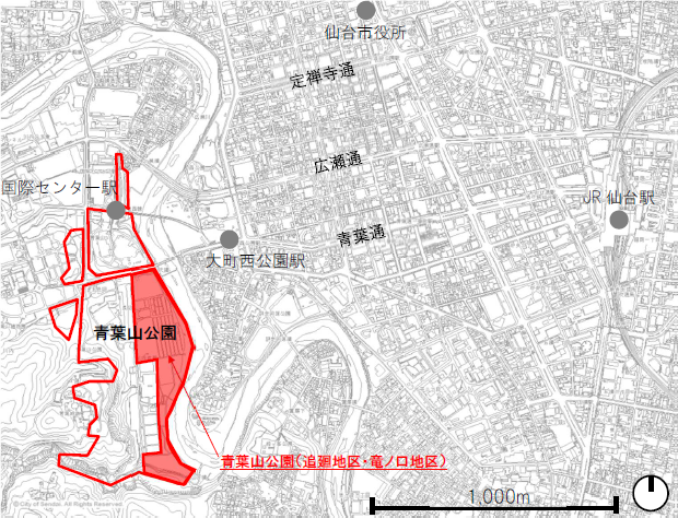 青葉山公園追廻地区・竜ノ口地区の地図