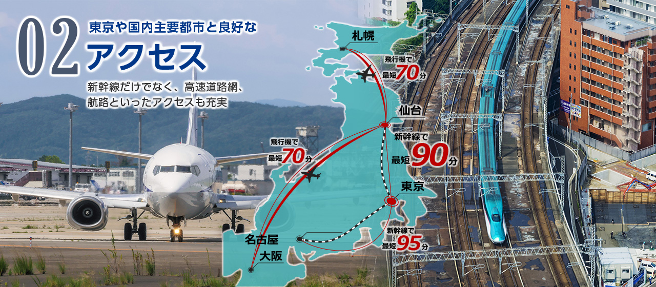 02 東京や国内主要都市と良好なアクセス 新幹線だけでなく、高速道路網、航路といったアクセスも充実