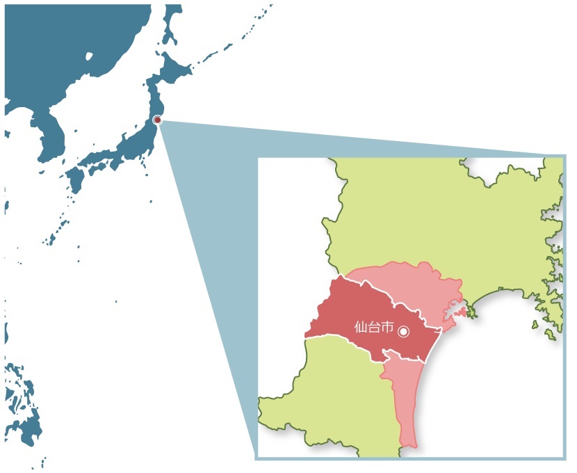 日本・宮城県内での仙台市の位置図