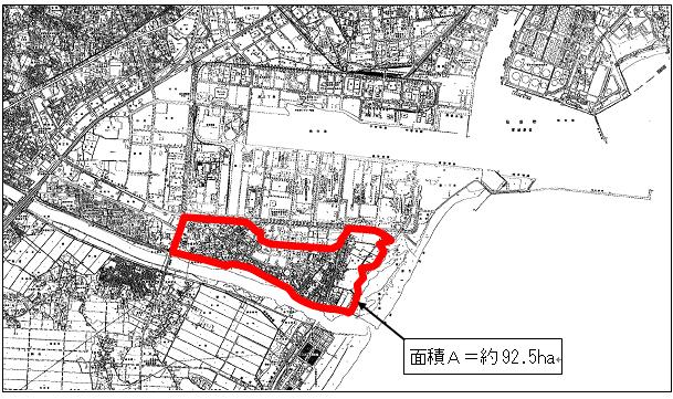 蒲生の土地区画整理事業地域図（面積約92.5ha）