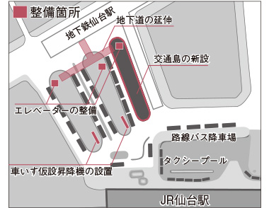 地図：仙台駅西口バスプールの拡張工事整備箇所
