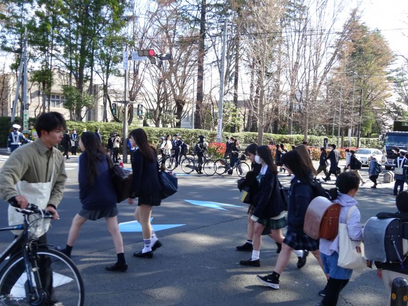 交差点を通行する歩行者や自転車の様子