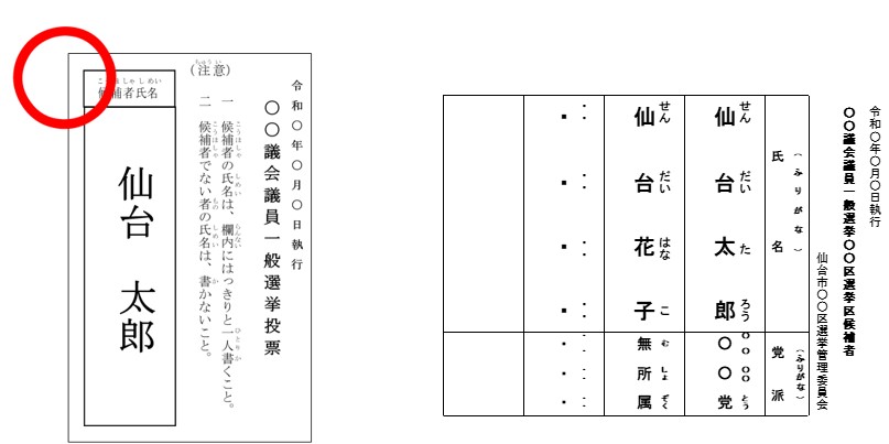 候補者氏名を枠の中に記入してある投票用紙