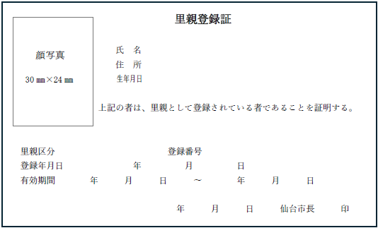 里親登録証のイメージ図おもて