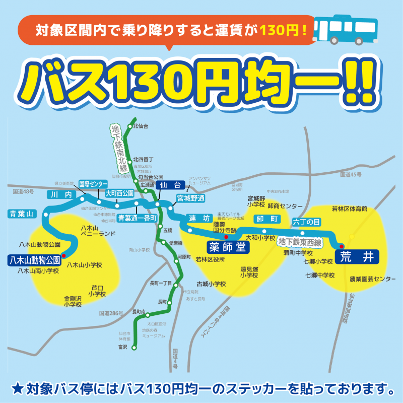 東西線の3駅(八木山動物公園、薬師堂、荒井)に接続するバスの運賃は130円均一