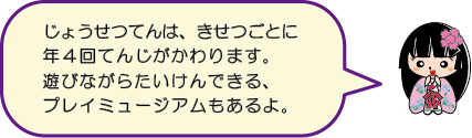常設展は、季節ごとに展示がかわります。遊びながら体験できるプレイミュージアムもあるよ。