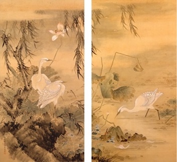 蓮に白鷺図　角懸鹿谷筆