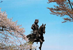 騎馬像と桜の写真