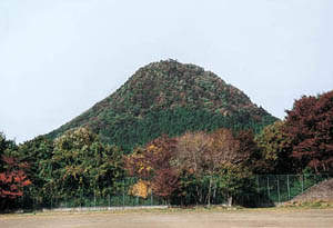 人来田中学校から望む紅葉の太白山の写真