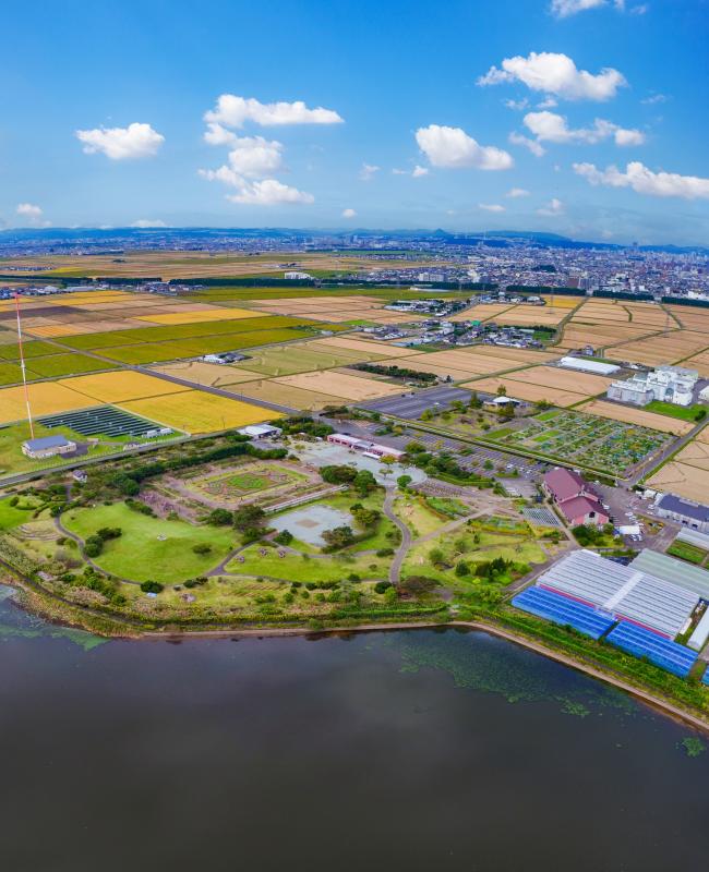 11haもの広大な敷地に庭園や芝生広場、市民農園がある