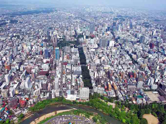 〈青葉山上空から見た仙台の市街地.写真上端が仙台港方面〉