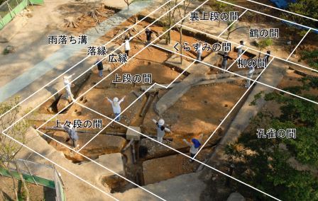 大広間跡北半部の遺構（白線が大広間の間取り・人が立っている場所が礎石跡