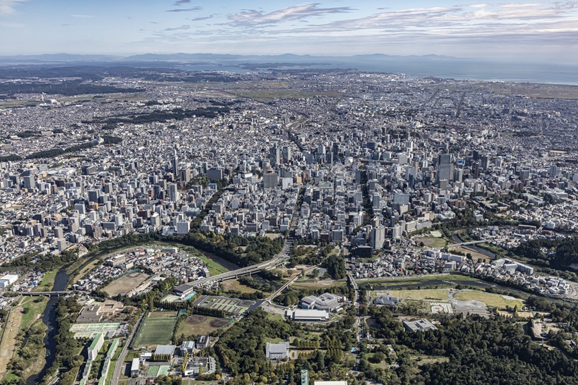 仙台城上空から見た城下（令和7年）