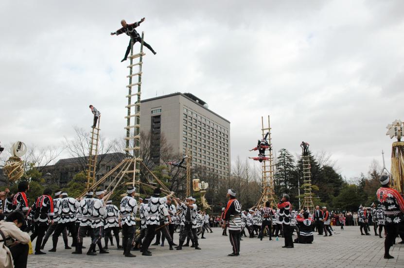 青葉まつりで演技する仙台消防はしご乗隊