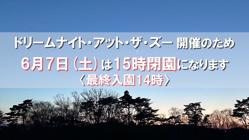 ドリームナイトアットザズー開催のため6月7日土曜日は15時閉園